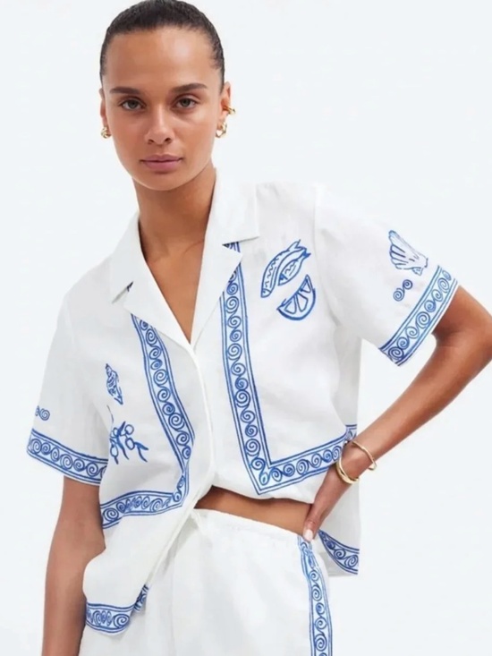 Madewell X Lisa Says Gah Tops - MADEWELL X LISA SAYS GAH Embroidered S/S Linen Camp Shirt EUC/sz S